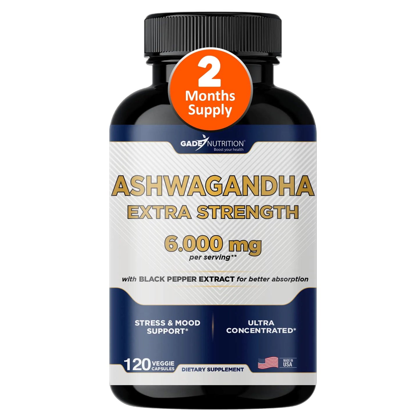 Ashwagandha Supplements - Extra Strength 6000mg ashwagandha Powder Capsules with Black Pepper. Natural Mood Focus and Energy Support Supplement 120 Veggie Capsules USA Made