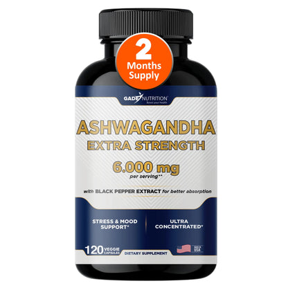 Ashwagandha Supplements - Extra Strength 6000mg ashwagandha Powder Capsules with Black Pepper. Natural Mood Focus and Energy Support Supplement 120 Veggie Capsules USA Made